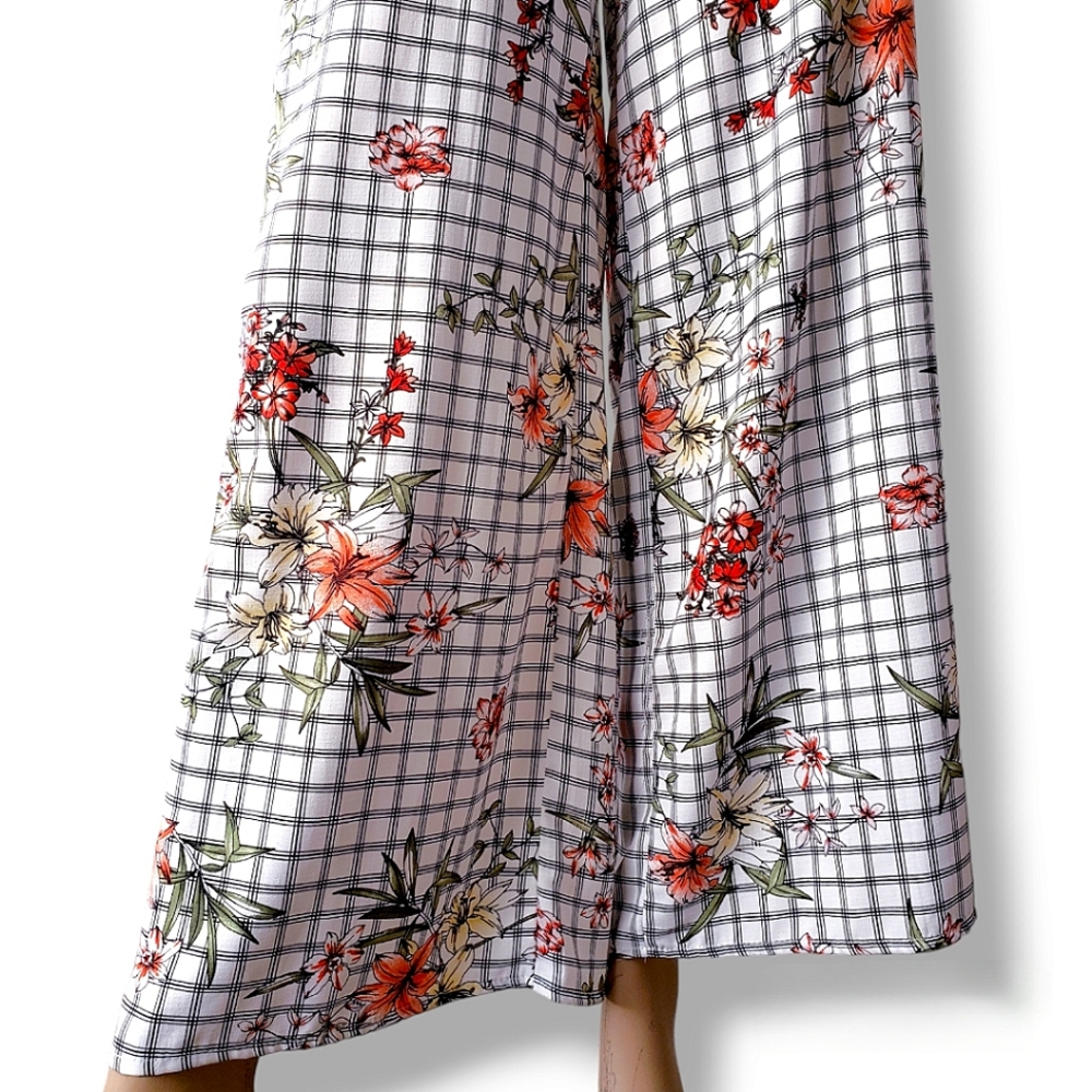 Common Crush Floral Windowpane High Waist, Wide Leg, Criss Cross Overall Pants - Picture 2 of 8